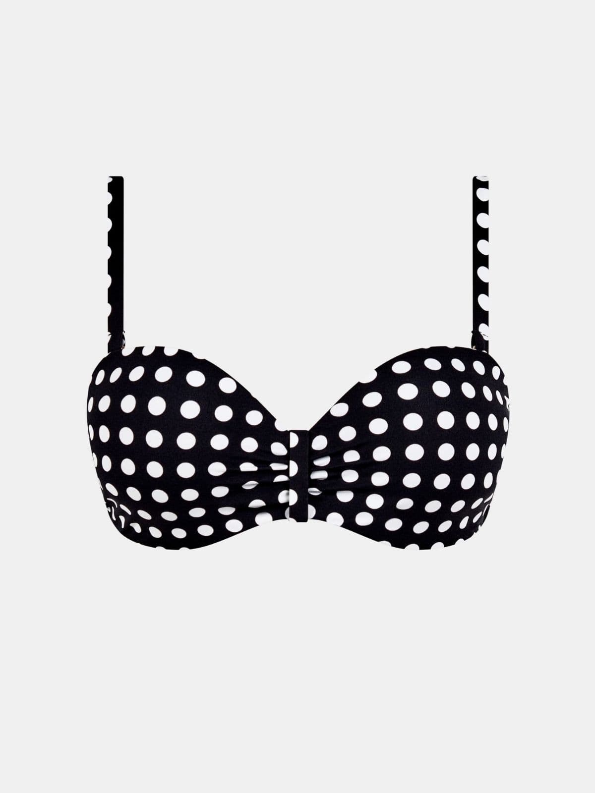 Black and white polka dot strapless bikini top with ruching detail at the center and removable straps.