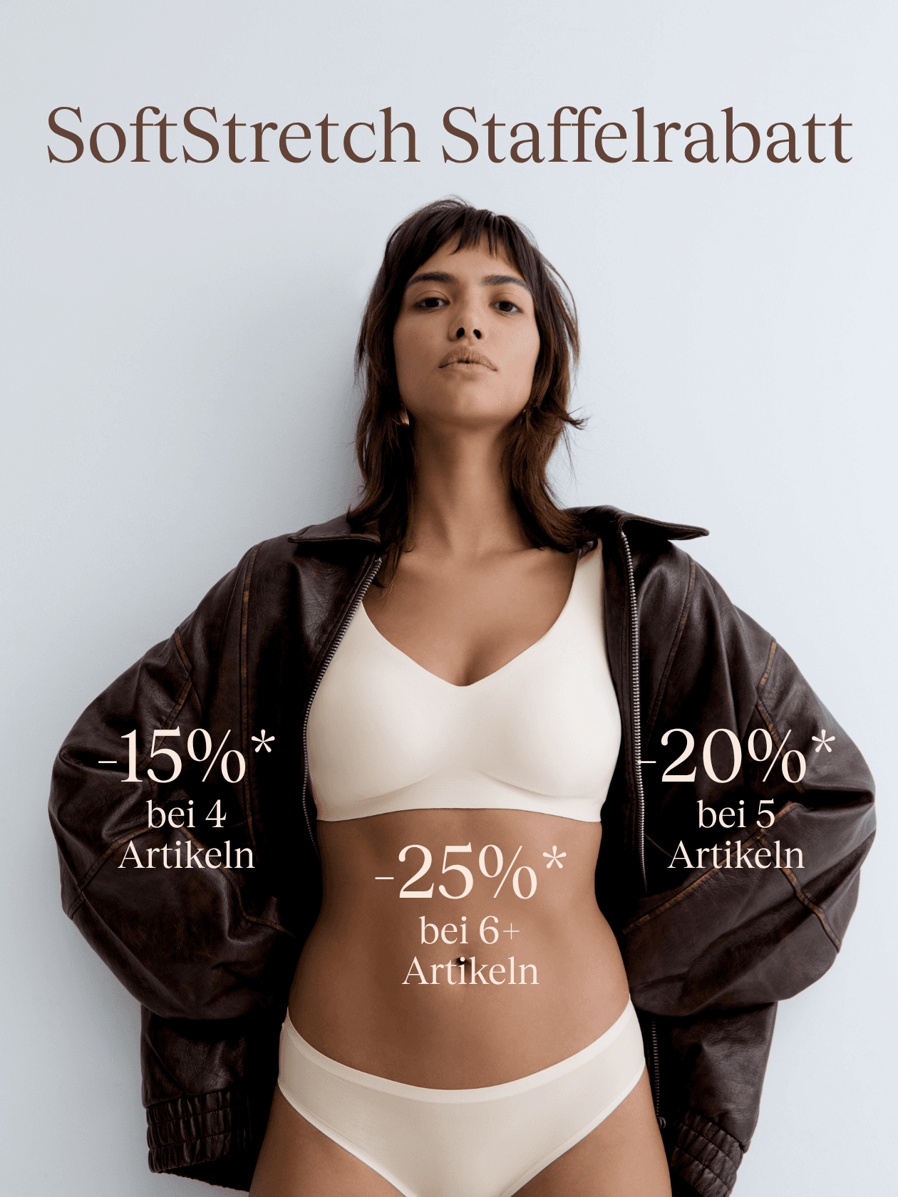 Woman in beige underwear and brown jacket advertising SoftStretch discounts with percentages for different quantities of items displayed.