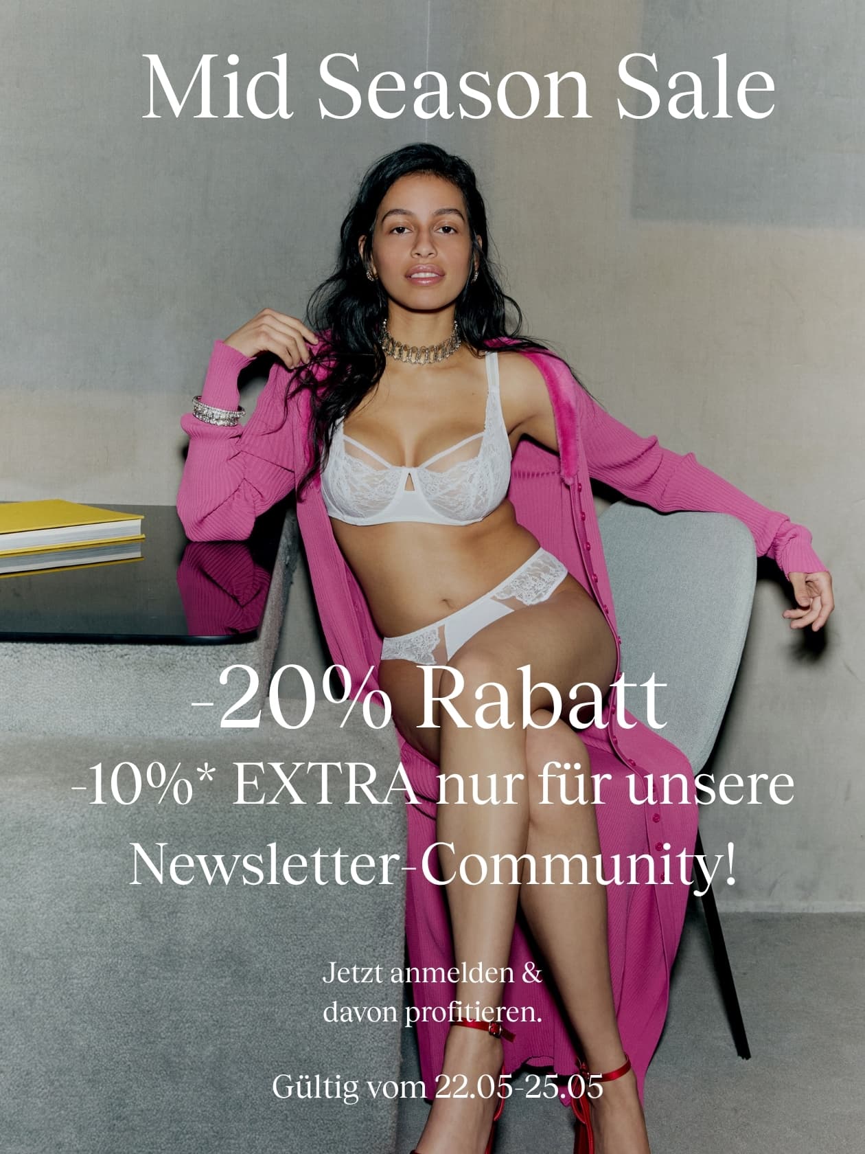 Woman in lingerie and pink sweater sitting on chair, advertising a mid-season sale with 20% discount. Offer valid from 22.05 to 25.05.