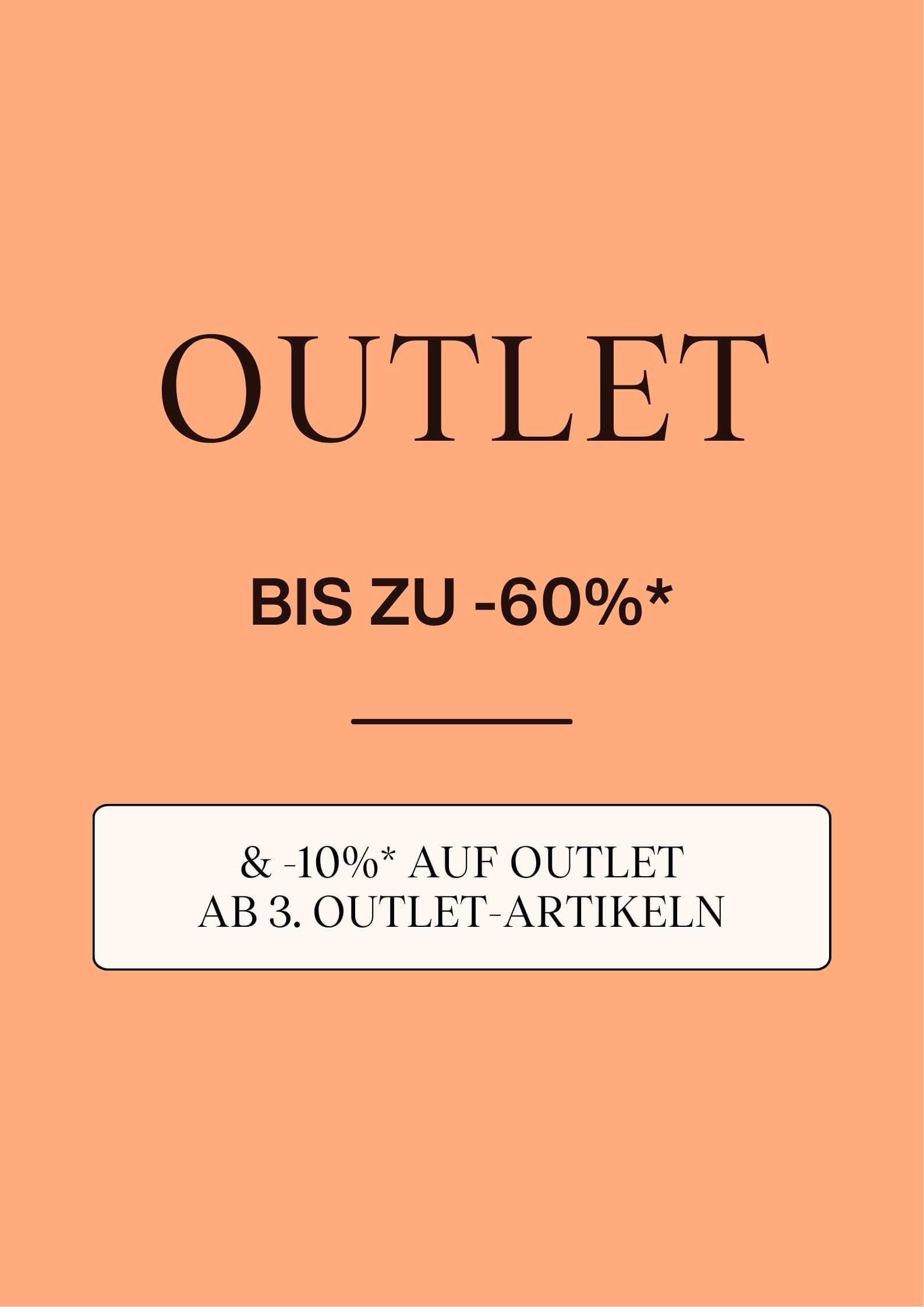Outlet sale sign offering up to 60% off and an extra 10% on the third outlet item, set on an orange background.