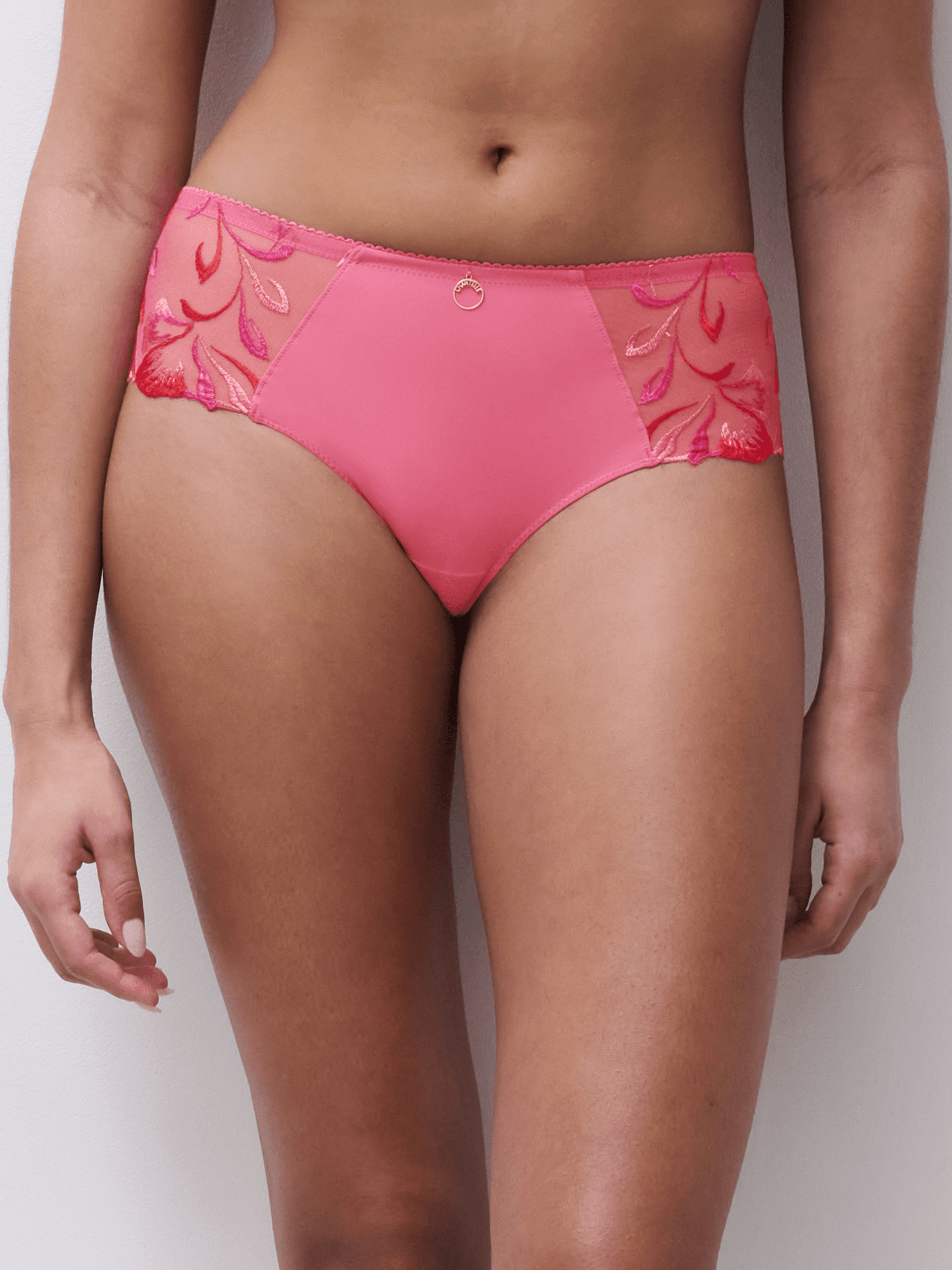 Woman wearing pink high-waisted panties with floral embroidery on mesh panels, standing against a neutral background.
