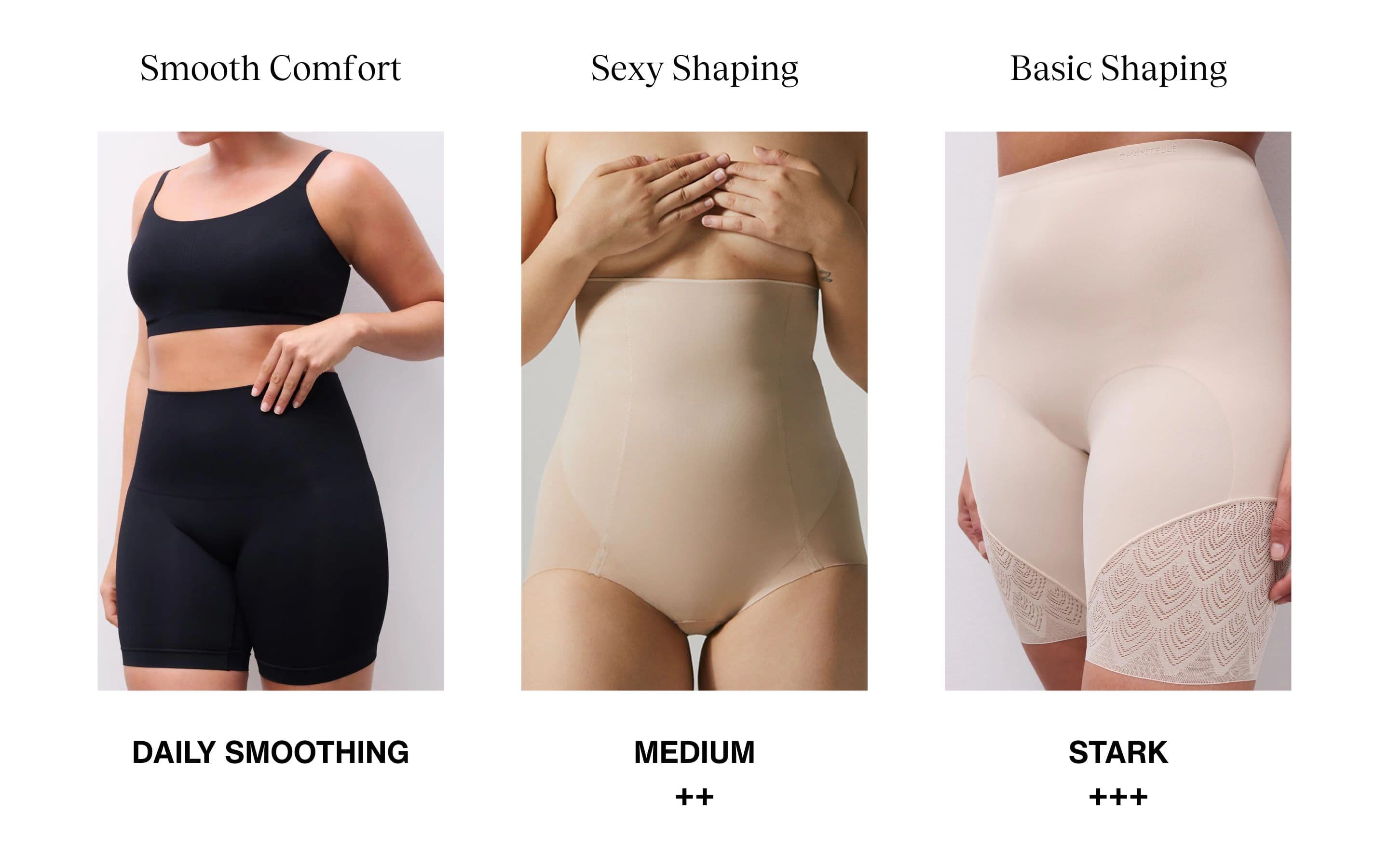 Three women wearing different shapewear types: black for daily smoothing, beige for medium sexy shaping, and beige with lace for basic shaping.