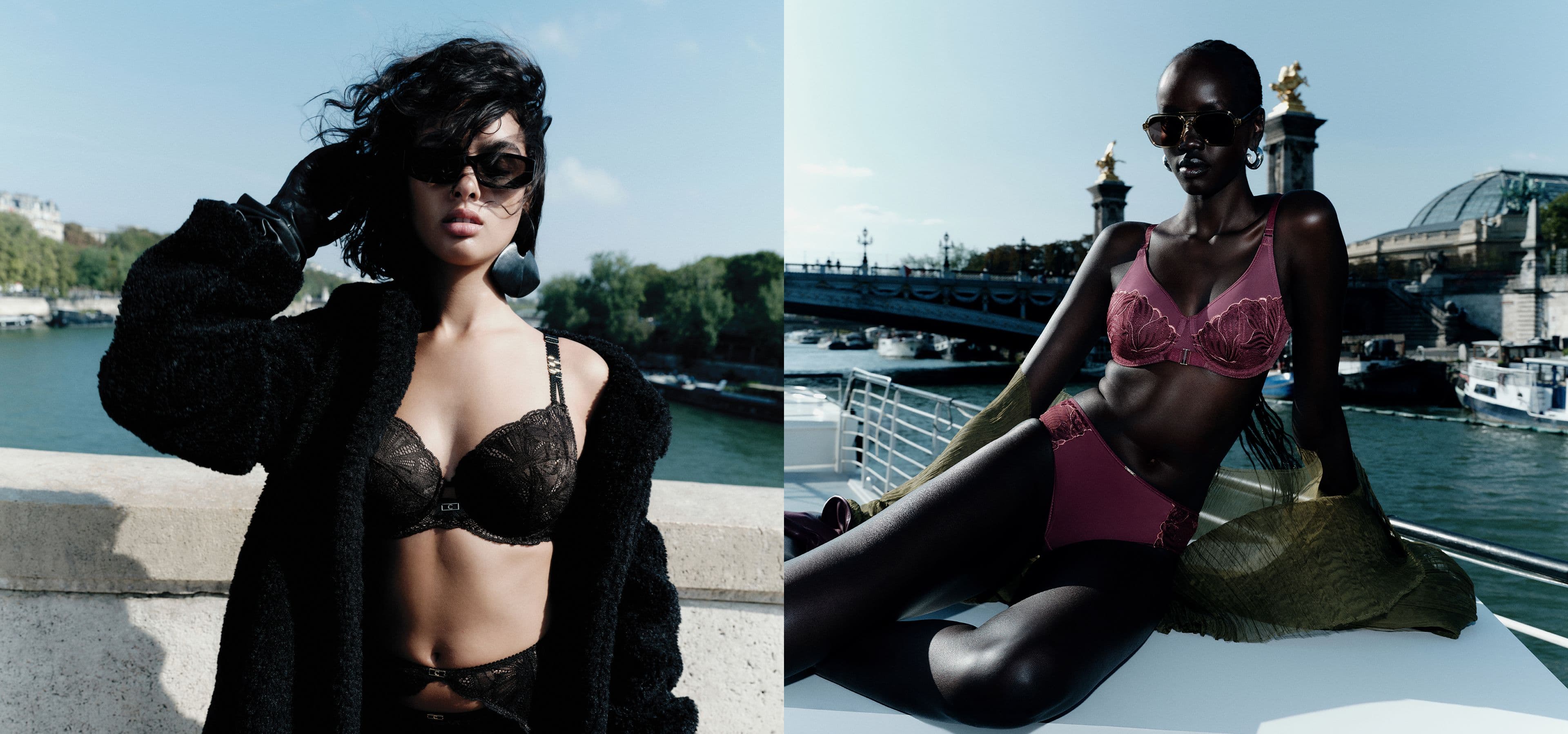 Two women in stylish lingerie and sunglasses pose confidently outdoors; one by a river, the other on a boat with a bridge in the background.