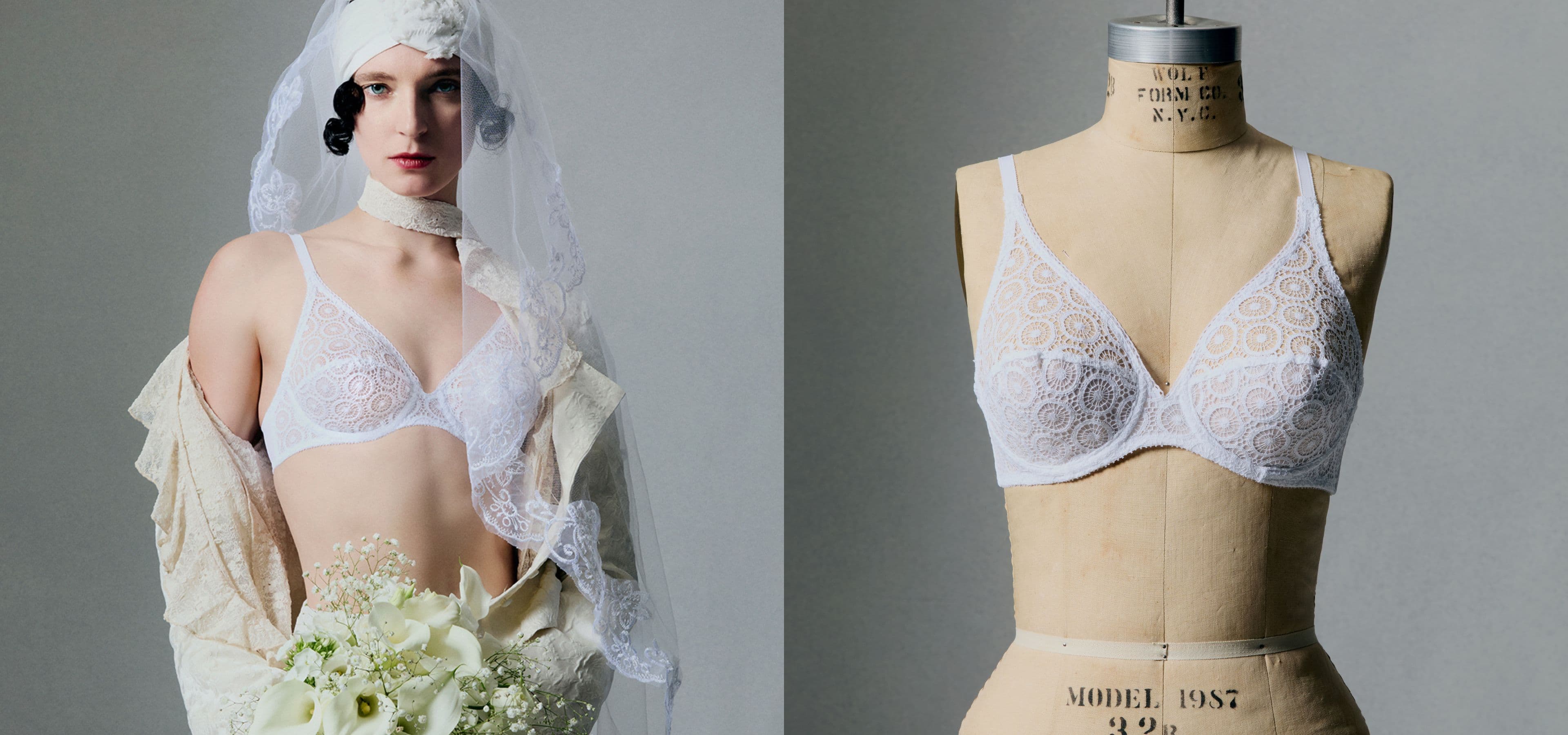 A woman in vintage bridal attire poses with white lingerie on the left. A dress form displays the same lace bra on the right.