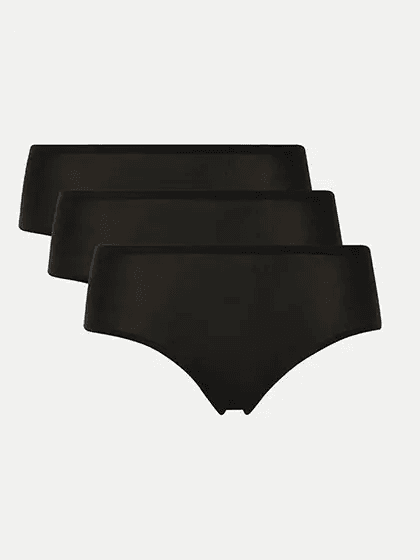 Three black seamless underwear pieces arranged in a row on a plain white background.