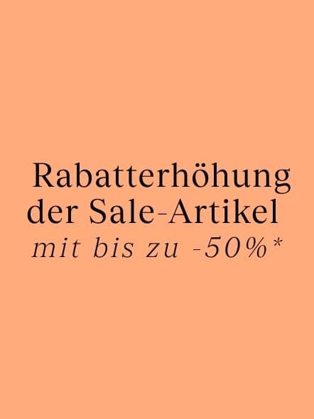 Text on peach background: "Rabatterhöhung der Sale-Artikel mit bis zu -50%*" in German.