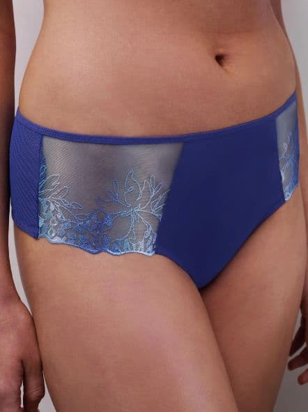 A person wearing blue lace underwear with floral patterns on the sides.