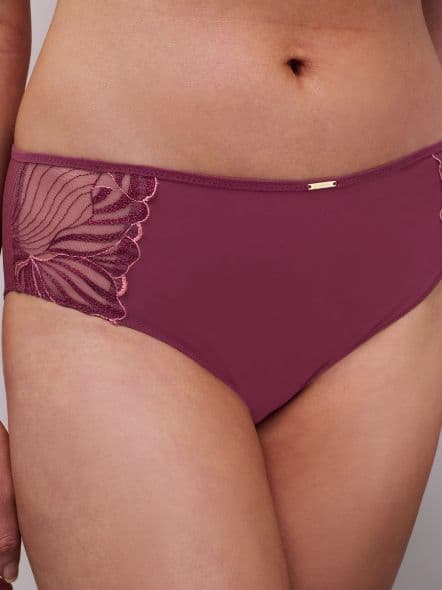A person wearing mauve panties with floral lace detailing on the sides, featuring a small gold tag at the waistband.
