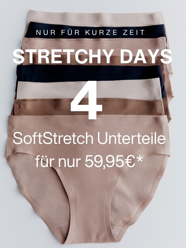 a few  pairs of SoftStretch underwear in various neutral colors with promotional text in German about a limited-time offer for €59.95.