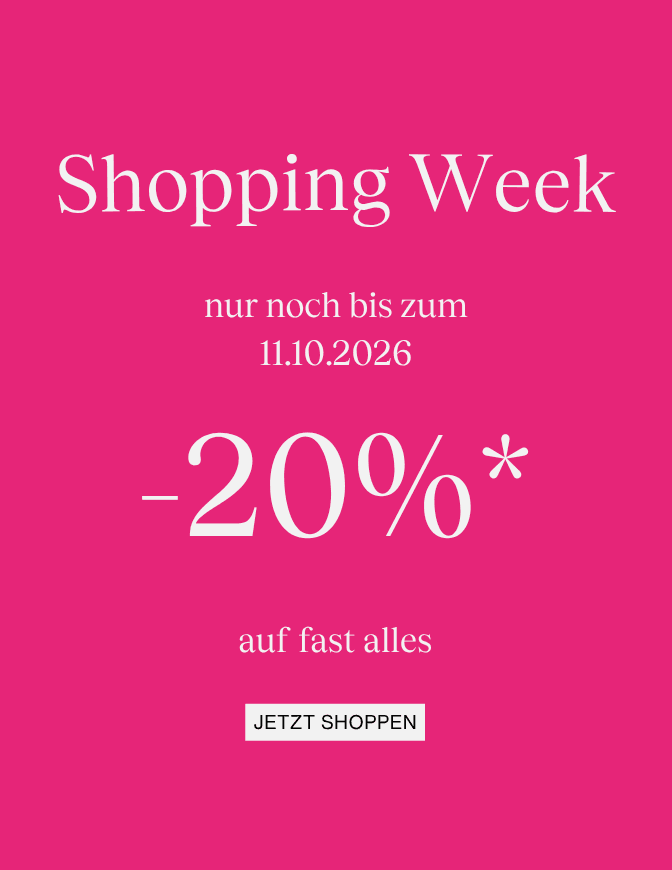 Pink background with text announcing "Shopping Week" offering 20% off on almost everything until October 11, 2026. Button reads "JETZT SHOPPEN."