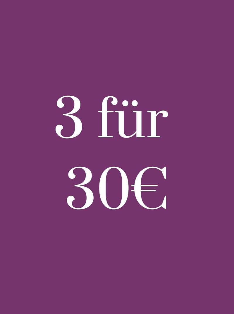 White text on purple background reads "3 für 30€," indicating a promotional offer.