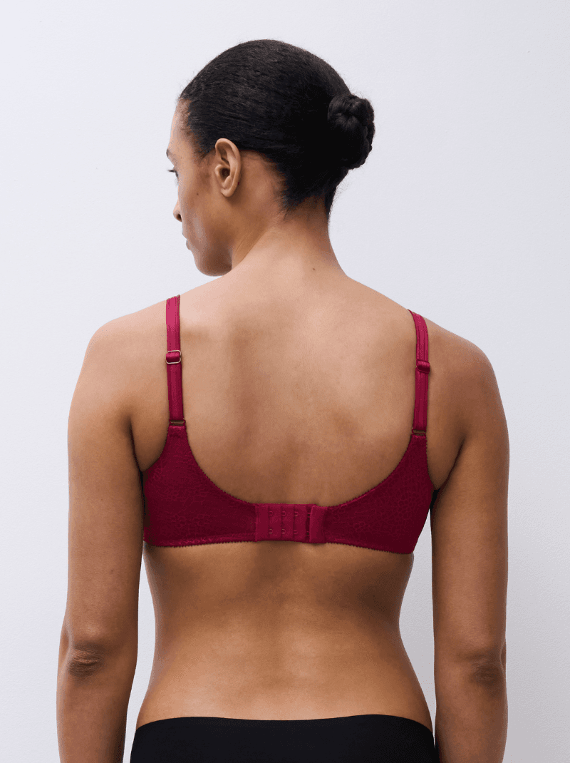 A person with a bun hairstyle wearing a red bra, viewed from the back against a plain white background.