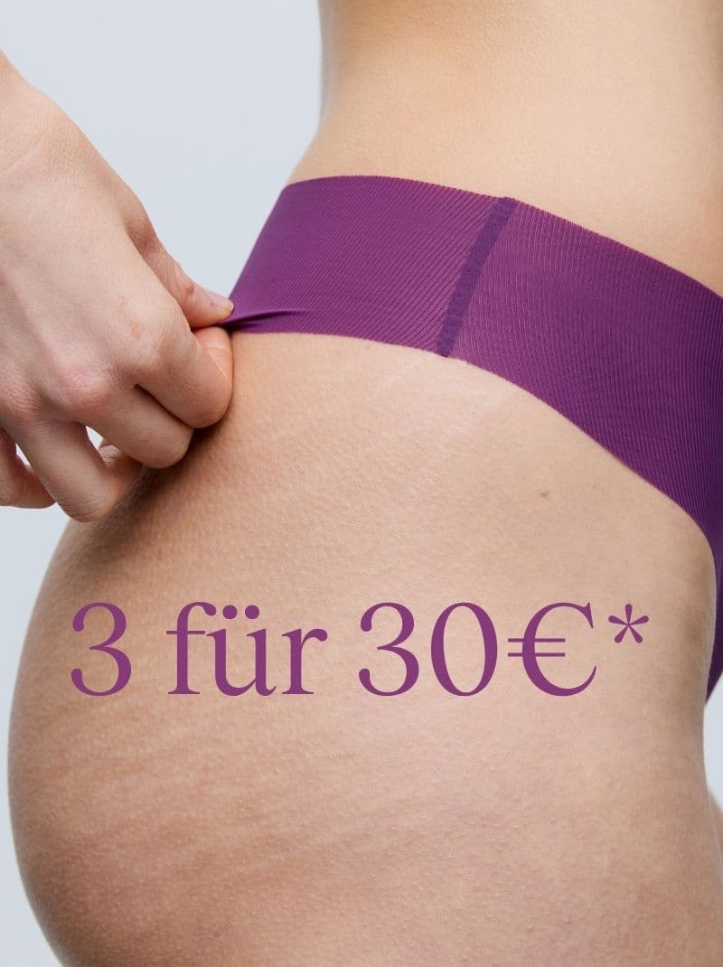 Person wearing purple underwear, adjusting the side. Text overlay: "3 für 30€*".