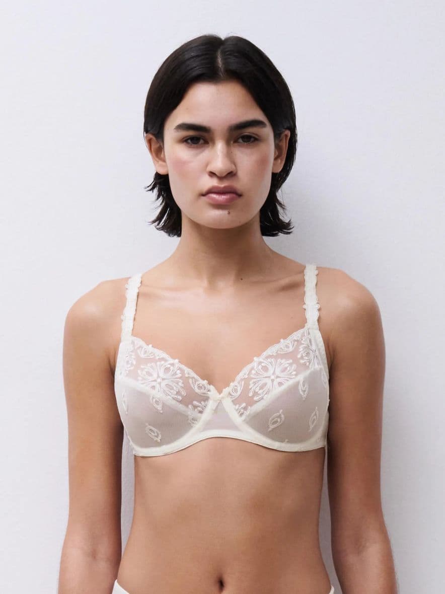Person wearing a delicate, lace-embroidered ivory bra, standing against a plain background.