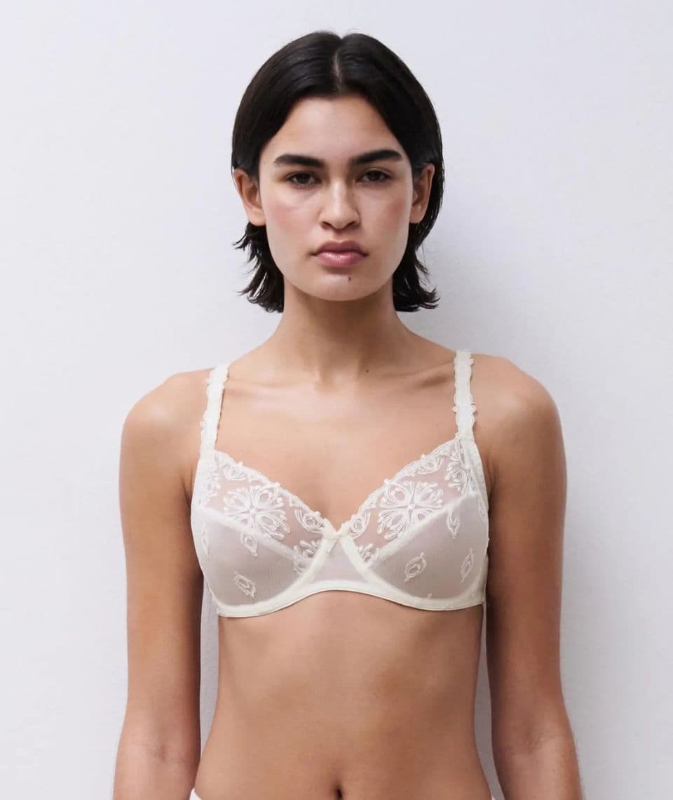 A person with short dark hair wears an ivory lace bra, standing against a plain white background.