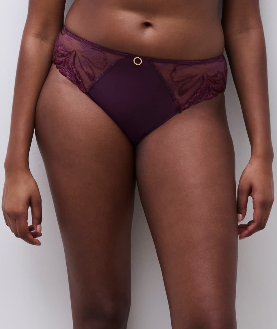 Woman wearing burgundy lace and mesh panties featuring floral embroidery and a small gold ring.