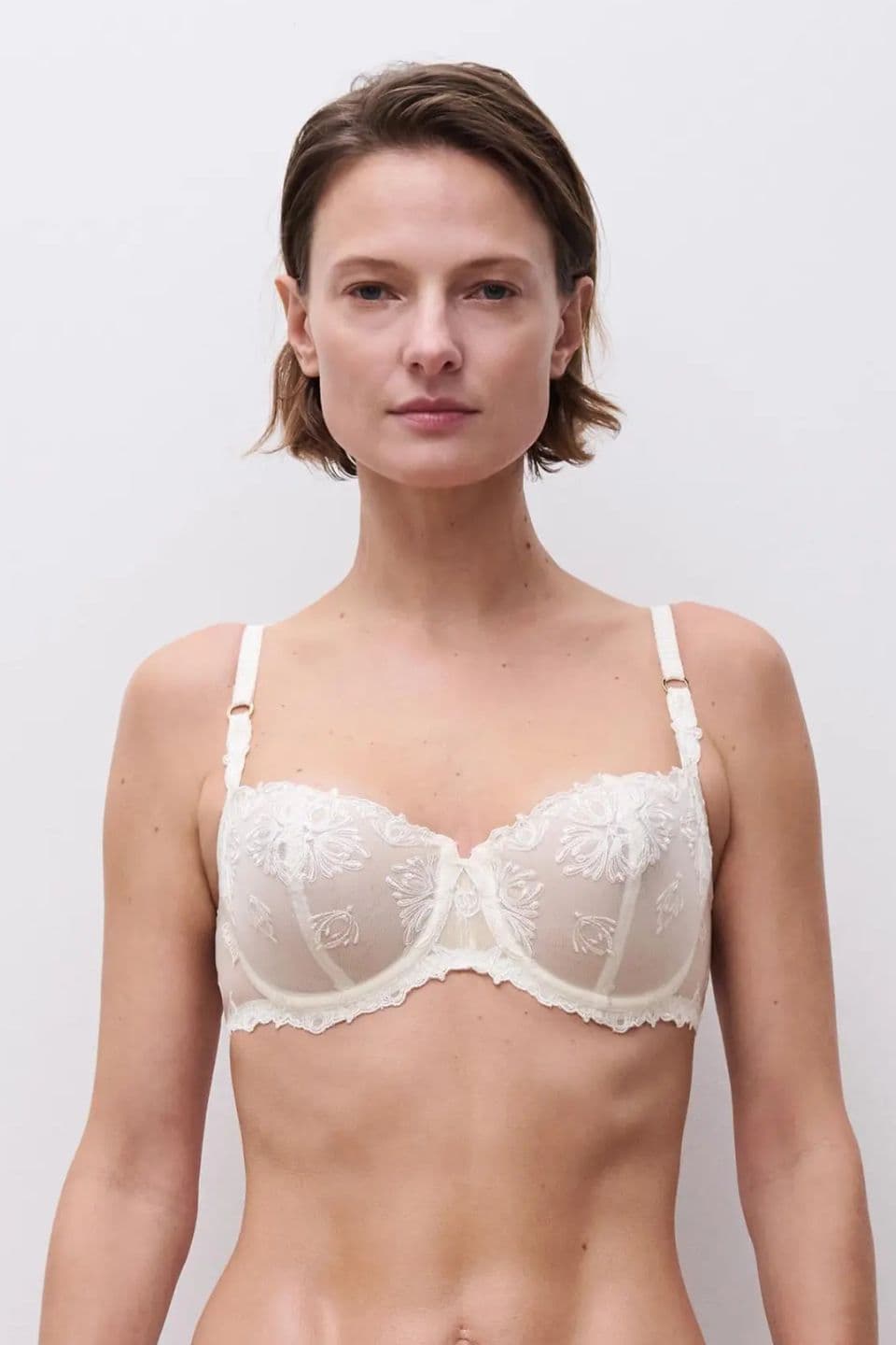 Person wearing a white lace embroidered bra, standing against a plain white background.