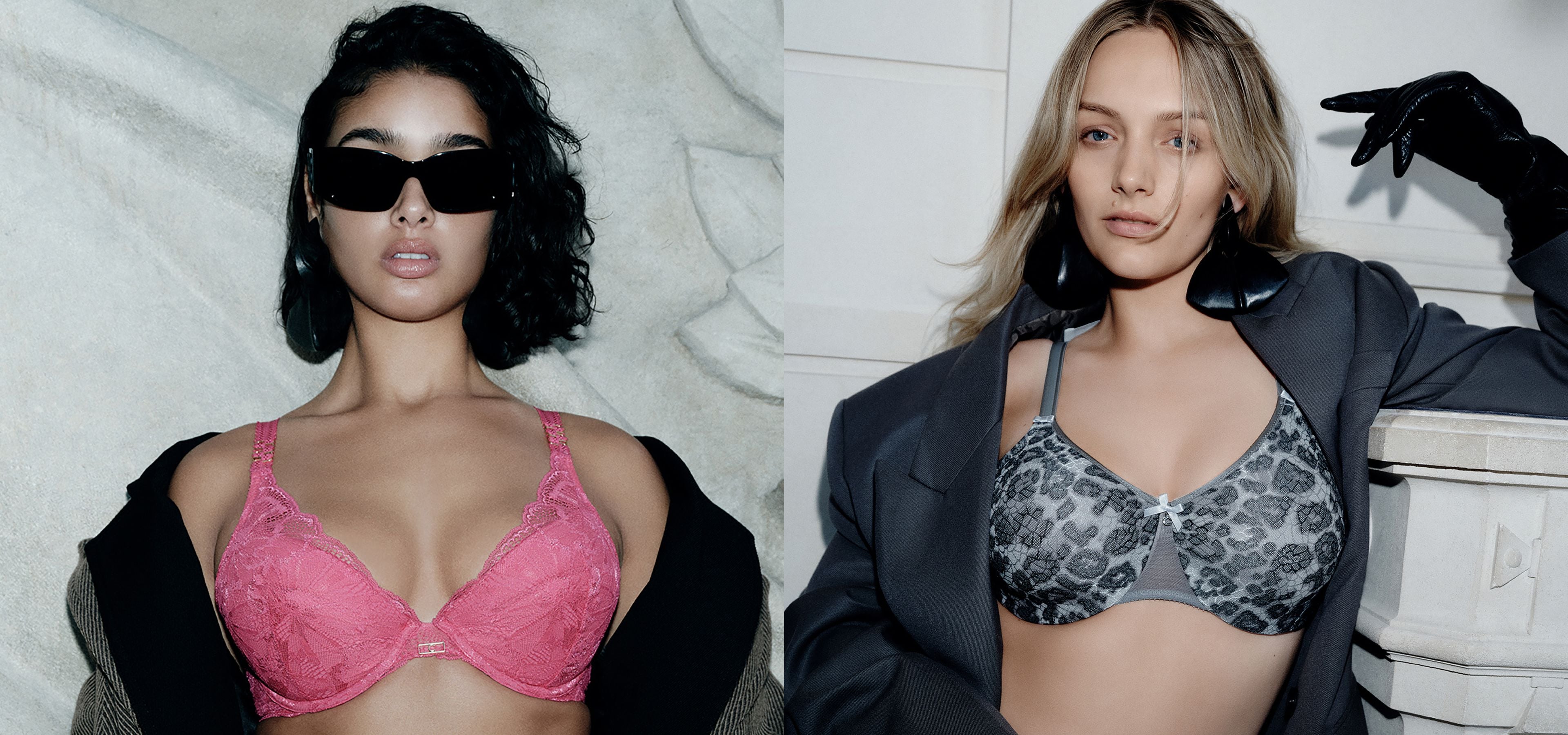 Two women side-by-side wearing bras and blazers — left in pink lace bra and sunglasses, right in gray patterned bra, oversized blazer and glove.