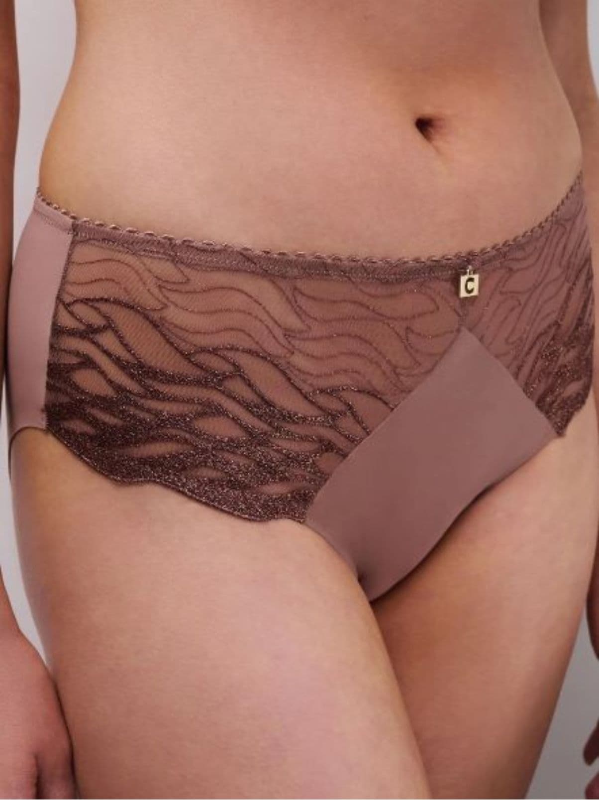 Close-up of a person wearing brown lace panties with a sheer, patterned design and a small gold charm on the waistband.