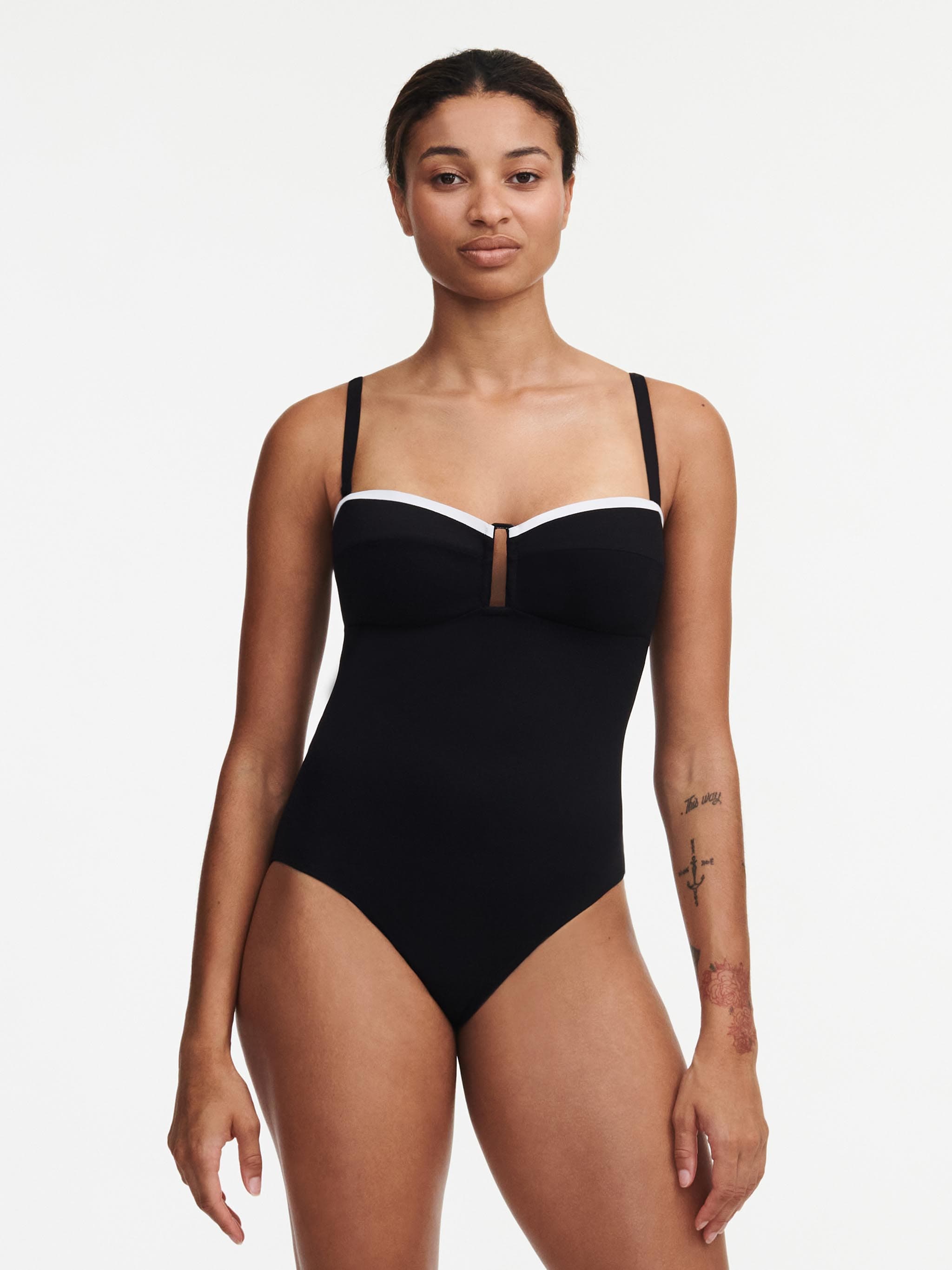Maillot de bain 1 pièce sans armature bandeau bretelles amovibles - Noir / Blanc
