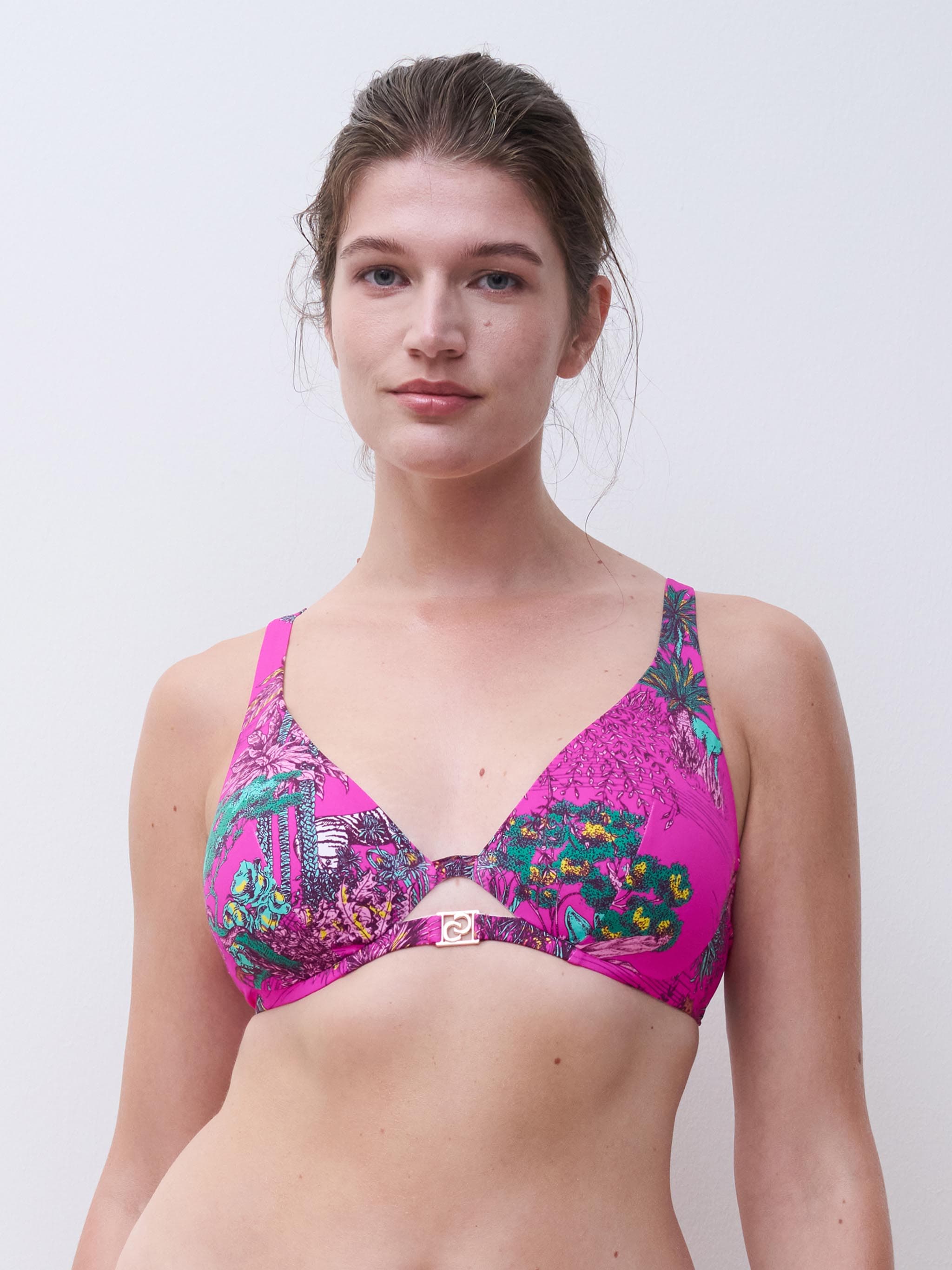 Haut de maillot de bain mono-armature plongeant bretelles multipositions - Jungle rose