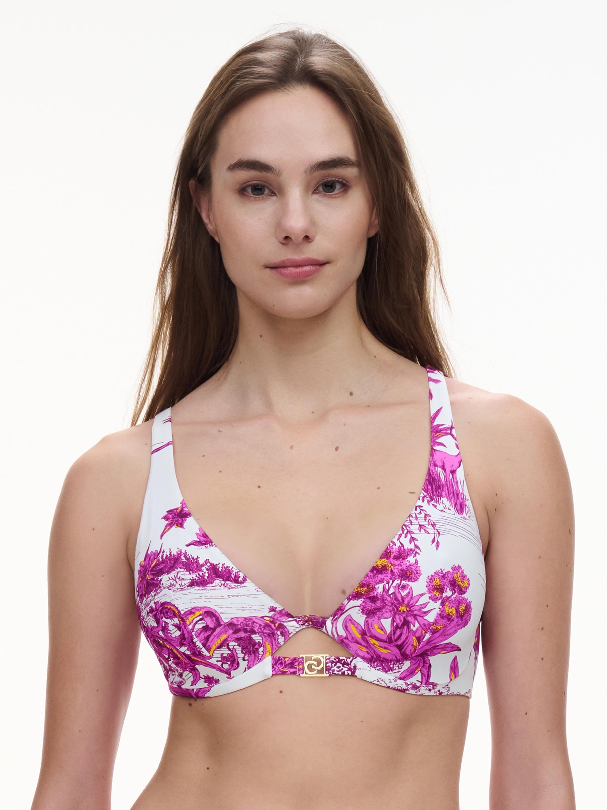Haut de maillot de bain mono-armature plongeant bretelles multipositions - Jungle blanche