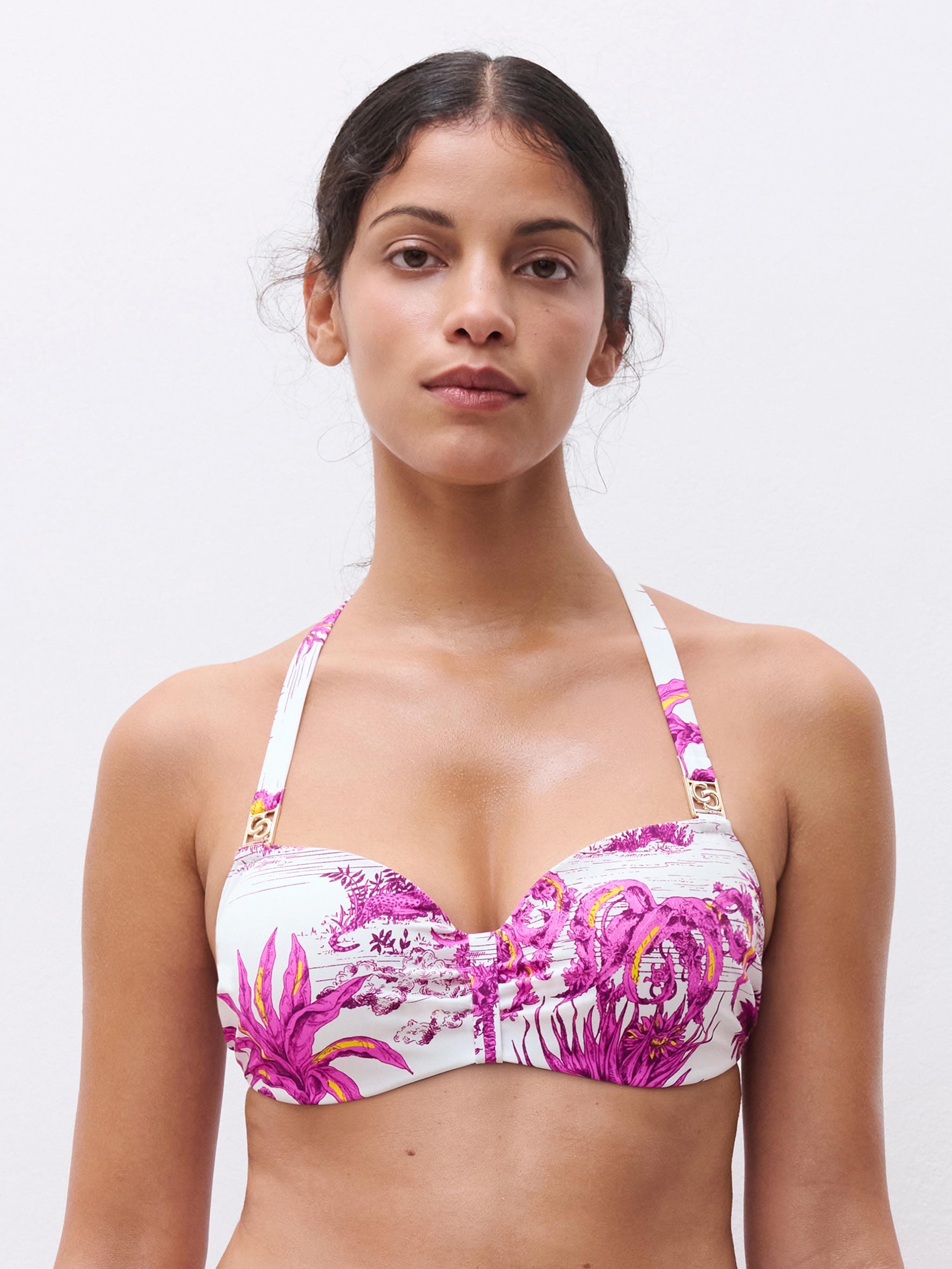 Haut de maillot de bain corbeille mémoire de forme bretelles multipositions - Jungle blanche