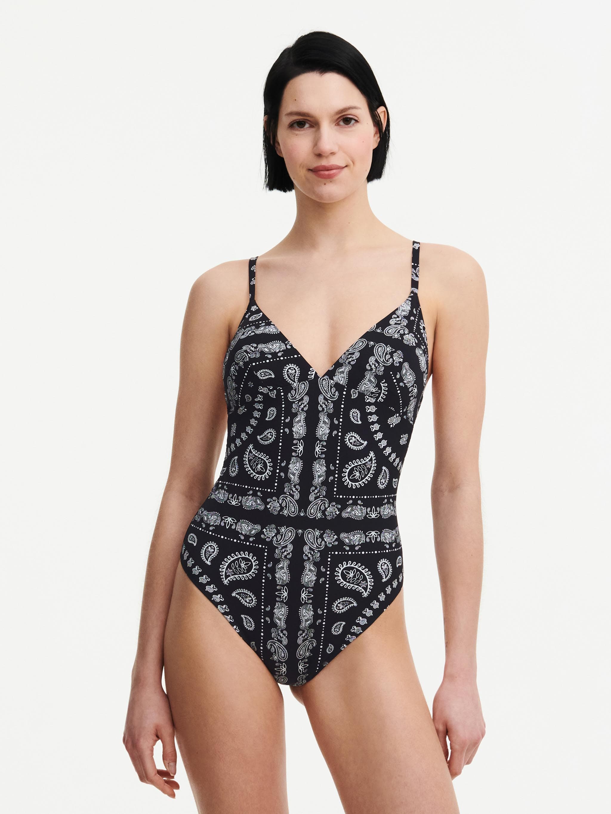 Maillot de bain 1 pièce sans armature plongeant coques amovibles - Bandana noir