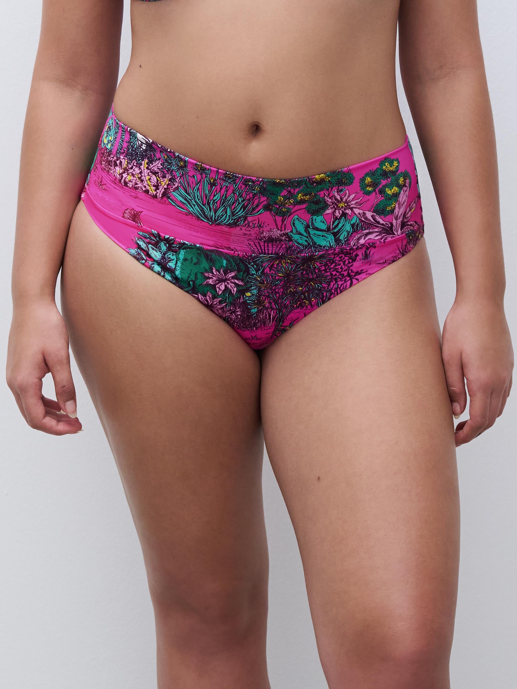 Bas de maillot de bain ajustable culotte taille haute - Jungle rose